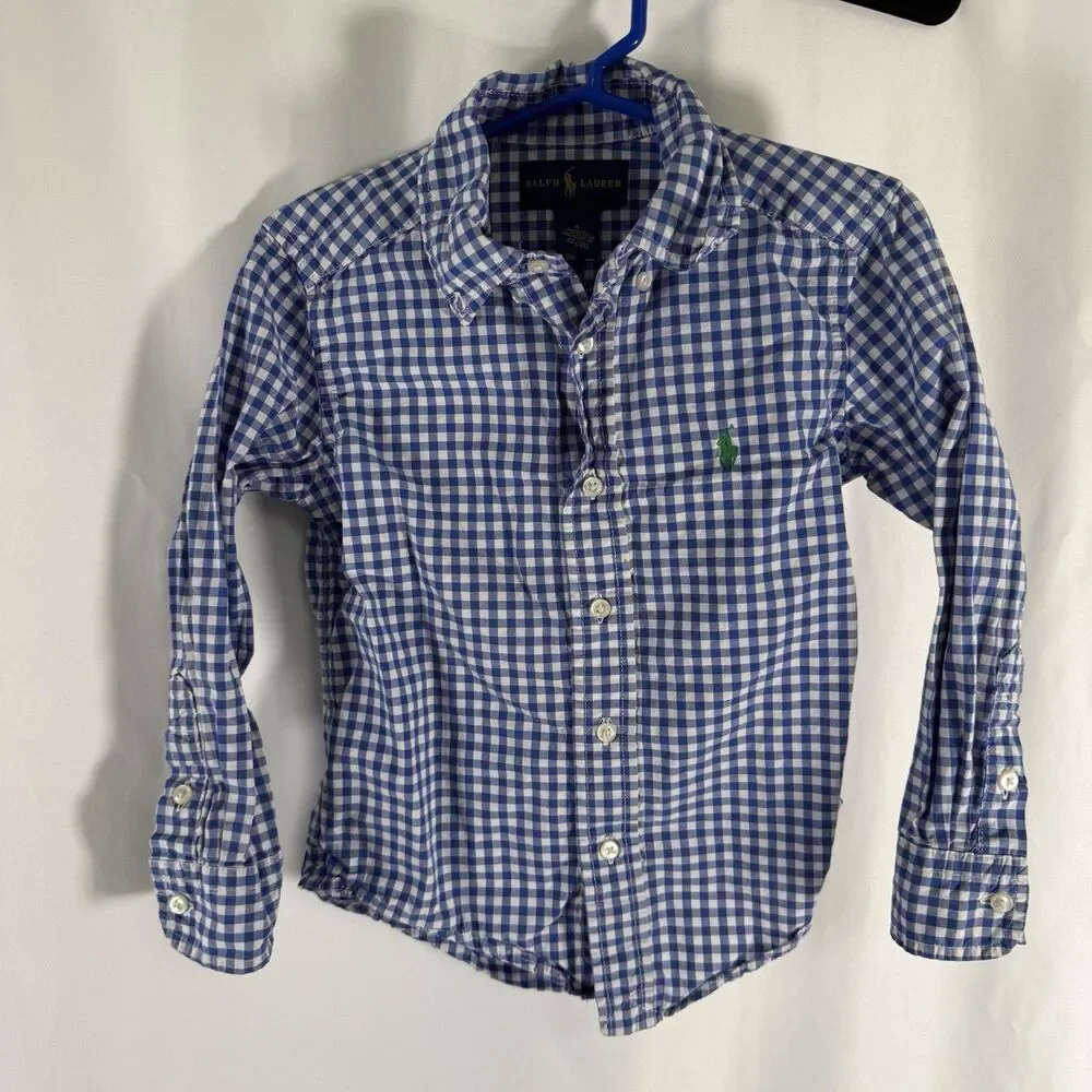 Ralph Lauren Dress Shirt Boys 4 Blue White Plaid Long Sleeve Collared Button Up